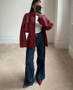 - @yasminbright on ig. Chic fall outfit, red leather jacket, bleu jeans, red heals, red coach shoulder bag. Cherry Red Jacket Outfit, Red Leather Jacket Outfit Women, Red Leather Coat Outfit, Dark Red Pants Outfit, Pants Types, Red Leather Jacket Outfit, Red Jacket Outfit, Reformation Style, Red Leather Blazer