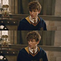 two pictures of a young boy with brown hair wearing a harry potter sweater and tie