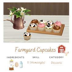 an image of farmyard cupcakes with flowers on the tray and milk jug