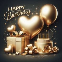 happy birthday card with golden balloons and gifts