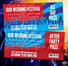 two tickets for an event with people on the stage in the background and text reading, our wedding festival after party pass