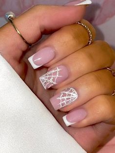 elegant white French tips with spider webs Halloween Birthday Nails, Spider Web Nails, Web Nails, Cute Halloween Nails