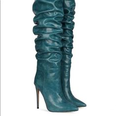 Custom Slouch Boots Ordered From Souk & Sepia Man Made Pu Upper Material/Cushion Inside And Rubber Bottom/ New In Box Never Worn Size 10 Slightly Narrow Pointed Toe Fitted Green Knee-high Boots For Parties, Blue Leather Knee-high Heeled Boots, Green Fitted High Heel Knee-high Boots, Casual Blue Fitted Heeled Boots, Blue Leather Knee-high Boots For Fall, Blue High Heel Knee-high Boots For Fall, Chic Blue Knee-high Heeled Boots, Chic Blue Knee-high Boots, Blue Fitted Knee-high Boots For Spring