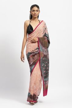 Multicolour saree with printed floral motifs, embellished by sequins and beads. Comes with running blouse piece. - Aza Fashions Festive Silk Pre-draped Saree With Printed Motifs, Bollywood Style Blouse Piece With Printed Motifs For Reception, Transitional Pre-draped Saree With Printed Motifs, Saree Blouse Piece With Printed Motifs For Reception, Reception Georgette Saree With Printed Motifs, Traditional Drape Blouse Piece With Printed Motifs For Reception, Traditional Draped Blouse Piece With Printed Motifs For Reception, Bohemian Georgette Blouse Piece With Printed Motifs, Diwali Reception Saree With Printed Motifs