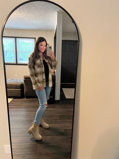 Fall outfits. Shacket. Womens outfit. Boots. Fall Platform Boots Outfit, Shacket And Chelsea Boots, Chunky Boots Fall Outfits, Fall Sock Boots Outfit, Fall Outfits Women Chelsea Boots, How To Style Fall Boots, Neutral Combat Boots Outfit, Khaki Ankle Boots Outfits