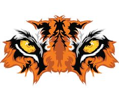 an orange and black tiger's face with yellow eyes on a white background illustration