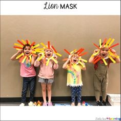 three young children standing in front of a wall with their hands on their faces and the words lion mask above them