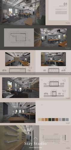 an architectural presentation board showing the interior and exterior areas of a building with multiple sections, including