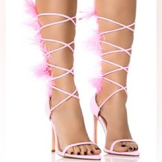 Feather Sandal In Pink Features A Faux Leather Upper, An Open Pointed Toe, A Strappy Silhouette, And Lace Up Design. Complete With An Opulent, Full Feather Detail At The Back, A Cushioned Inner Sole, And A Stiletto Heel. - Open Pointed Toe - Stiletto Heel - 4.75” Heel Height - 38” Lace-Up Cords (All Measurements Approximate From Size 7.5) - Model Is Wearing Size 7.5 - Imported Feather Sandals, Shoes Outfit Fashion, Shoes Outfit, Size 11 Heels, Stiletto Heel, Shoes Women Heels, Stiletto Heels, Pink Ladies, Heel Height