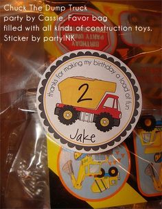 Bag filled with construction party favors using the Construction Dump Truck design. Personalized stickers by partyINK. Second Birthday Ideas, Bday Party Theme