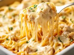 a spoonful of chicken alfredo being lifted from a casserole dish with cheese