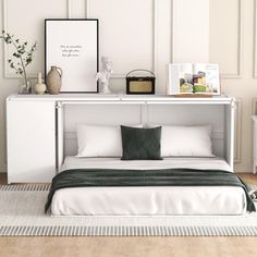 a bed with white sheets and pillows on top of it in a bedroom next to a dresser