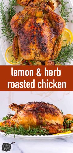 lemon and herb roasted chicken on a white plate