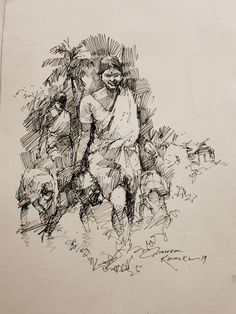 an ink drawing of some people sitting under a tree