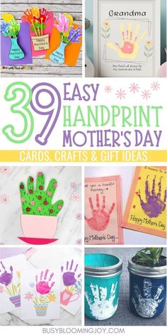 handprint cards and crafts for mother's day with text overlaying the image