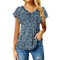 Fantaslook Womens Blouses Floral Ruffle Short Sleeve Tunic Tops Casual V Neck Summer Shirts Summer blouses for women that boast an incredibly soft fabric, resistant to wrinkles and featuring just the right amount of stretch for a perfect fit that's never too snug. Whether you're on the go or taking it easy, these womens tops redefine the standard, making every moment a fashion comfortable experience. The womens blouses is adorned with a fascinating print and ruffled lace in the middle of the chest that effortlessly blends style and grace. The women tunic tops V-shaped neckline with its distinct ruffled lace, adding a touch of elegance that catches the eye. The womens shirts charming ruffled sleeves can adorning your arms, embracing a playful and feminine flair. The waist of this womens blo Non-stretch Printed Casual Blouse, Casual Non-stretch Printed Blouse, Non-stretch Ruffled Short Sleeve Tops, V-neck Blouse With Ruffles, Chic Non-stretch Blue Blouse, Non-stretch Ruffle Blouse For Day Out, Blue Non-stretch Short Sleeve Top, Blue Short Sleeve Blouse For Fall, Non-stretch Ruffled Short Sleeve Blouse