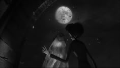 two children are standing in the dark with their hands out to each other, and one child is looking up at the full moon