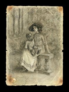 an old fashioned drawing of a woman and child sitting on a bench in the woods