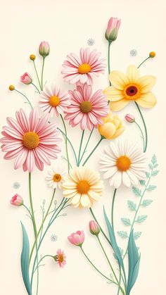 an illustration of flowers with leaves and petals on a white background in pastel colors