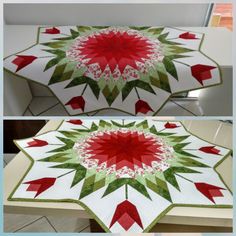 two pictures of the same table topper, one with red and green flowers on it