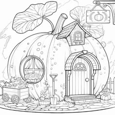 a coloring page with a pumpkin house