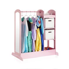 a pink closet with clothes hanging on it