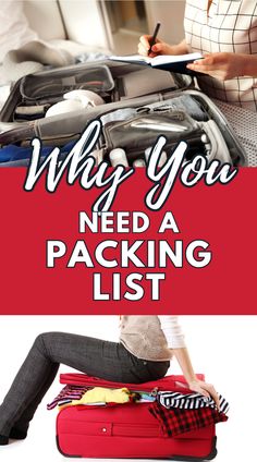 a woman sitting on top of a pile of luggage with the words why you need a packing list