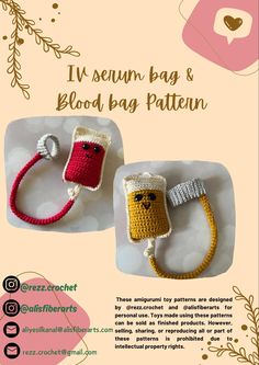 two crocheted items are shown in this brochure, with the words it's sewn bag and blood bag pattern