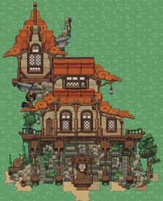 a house with lots of windows and plants on the roof is shown in pixel style