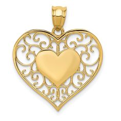 14k Yellow Gold Heart in Heart Filigree Pendant at $ 138.69 only from Jewelryshopping.com Round Wedding Band, Filigree Heart, Filigree Necklaces, Filigree Pendant, Bow Jewelry, Rose Jewelry, Gold Filigree, Gold Polish, Fine Jewelry Gift