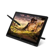 an image of a tablet with a pen on the screen and landscape in the background