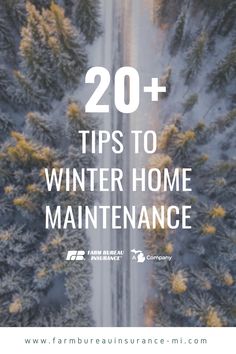 the words 20 tips to winter home maintenance on top of an aerial view of trees