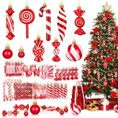 a christmas tree decorated with candy canes, candies and other holiday decor items