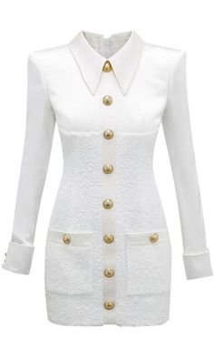 You'll Know My Name White Tweed Long Sleeve Turn Back Cuff Button Fron – Indie XO Channel White Dress, Attractive Outfits, White Tweed Dress, Tweed Mini Dress, Balmain Dress, White Tweed, Mode Kpop, Elegante Casual, Tweed Dress