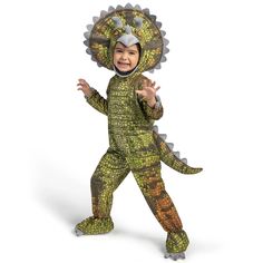 a little boy in a costume that is wearing a dinosaur hat and holding his hands out