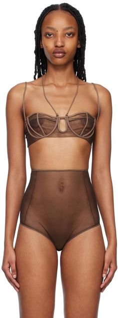 SSENSE Exclusive Brown Triple Petal Bra by Nensi Dojaka on Sale Sheer Mesh Fitted Bra, Fitted Underwire Bra With Transparent Straps, Party Mesh Bra Fitted, Fitted Mesh Party Bra, Party Mesh Fitted Bra, Party Nylon Fitted Bra, Party Fitted Nylon Bra, Summer Bra With Transparent Straps, Fitted Summer Bra With Transparent Straps