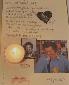 a birthday card with pictures and a candle