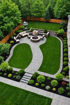 an aerial view of a backyard with landscaping