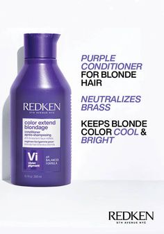 16.9 oz What It Is Color Depositing Purple Conditioner for Blondes What It Does Featuring Salicylic Acid, this toning purple conditioner removes brassy yellow tones from color or highlighting services. Helps tone blonde hair to be cool and bright and strengthen hair. What Else You Need to Know Color Extend Blondage features a color-depositing purple shampoo, conditioner and mask which help to tone and strengthen blonde hair for long-lasting beautiful haircolor. How To Apply to damp hair after sh Brighten Hair, Best Blonde Shampoo, Ash Blonde Hair Balayage, Light Ash Blonde Hair, Purple Shampoo For Blondes, Ashy Hair, Violet Shampoo, Purple Conditioner, Bright Blonde Hair