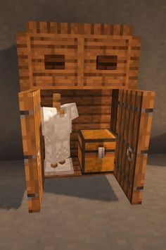 an image of a room made out of wood and white paper on the door, in minecraft