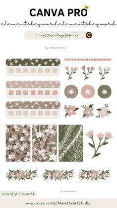 an image of flowers and plants in pink, green and white colors with the words canva