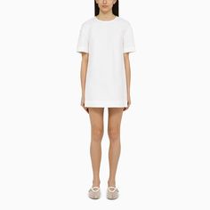 White cotton crewneck mini dress from Marni features short sleeves and back zipper closure. Summer Cardigan, Fall Capsule Wardrobe, White Crew Neck, Mini Robes, Cotton Tank Top, Knitwear Cardigan, Sweater Making, White Mini Dress, Red Sweaters