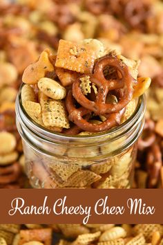 ranch cheesy chex mix in a glass jar with the title overlay