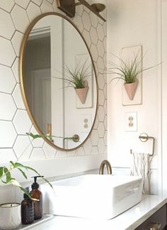 a bathroom sink with a mirror above it and plants on the counter top in front of it