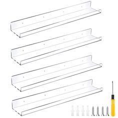 four clear shelves with screws and tools