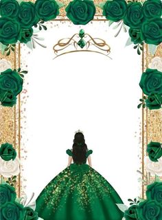 a woman in a green dress is surrounded by roses and gold trimmings on a white background