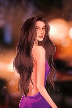 a drawing of a woman with long brown hair wearing a purple dress and looking off to the side