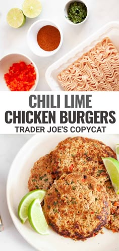 grilled chicken burgers on a white plate with ingredients