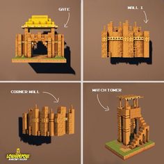 four different views of a castle made out of legos and woodworking blocks, with instructions on how to build it