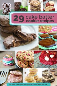 there are many different cakes and cookies in this collage with the words 29 cake batter cookie recipes